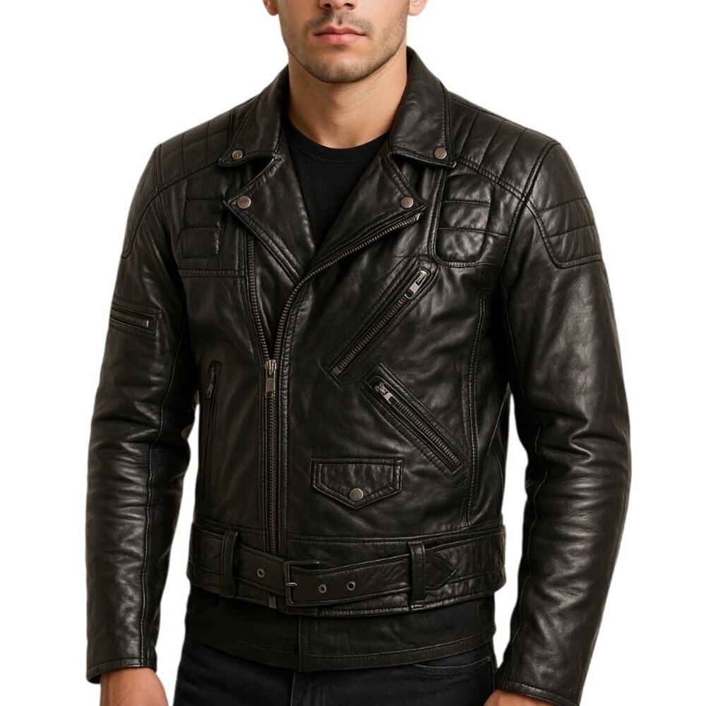 Y2K Wilsons Leather Mens Moto Jacket Padded Black Zippered Belted Size M Edgy